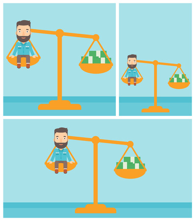 Young hipster businessman with the beard sitting on a scale with stacks of money. Vector flat design illustration. Square, horizontal, vertical layouts.のイラスト素材