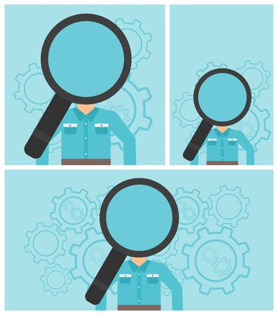 Man with magnifier instead of head standing on a blue background with cogwheels. Concept of staff recruitment. Vector flat design illustration. Square, horizontal, vertical layouts.のイラスト素材