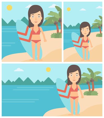 Young female surfer standing with a surfboard on the beach. Female professional surfer with a surf board at the beach. Vector flat design illustration. Square, horizontal, vertical layouts.のイラスト素材