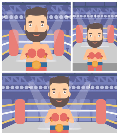Young sportsman in boxing gloves. Professional male boxer standing in the boxing ring. Vector flat design illustration. Square, horizontal, vertical layouts.のイラスト素材