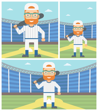 Hipster baseball player with the beard standing on a baseball stadium. Professional baseball player with a bat on his shoulder. Vector flat design illustration. Square, horizontal, vertical layouts.のイラスト素材