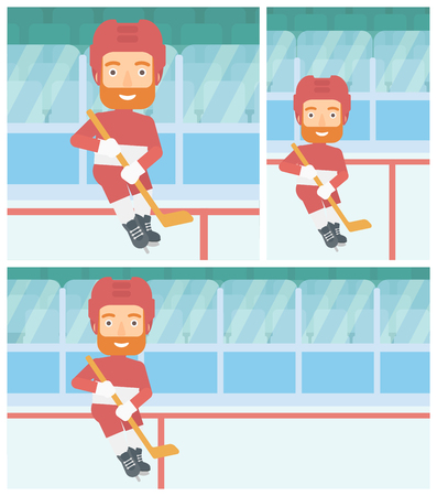 Hipster ice hockey player with the beard skating on ice rink. Ice hockey player with a stick. Sportsman playing ice hockey. Vector flat design illustration. Square, horizontal, vertical layouts.のイラスト素材