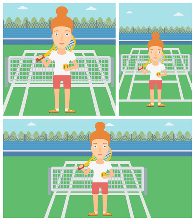 Female tennis player standing on the tennis court. Tennis player holding a tennis racket and a ball. Young woman playing tennis. Vector flat design illustration. Square, horizontal, vertical layouts.のイラスト素材