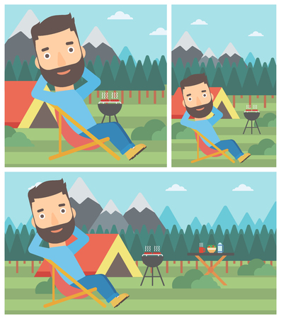 A hipster man with the beard sitting in a folding chair in the camp. Man relaxing and enjoying his camping holiday near the tent. Vector flat design illustration. Square, horizontal, vertical layouts.のイラスト素材
