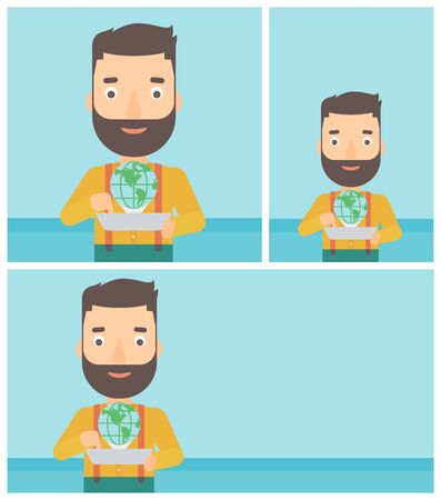Hipster man holding tablet computer with model of planet earth above the device. International technology communication concept. Vector flat design illustration. Square, horizontal, vertical layouts.のイラスト素材