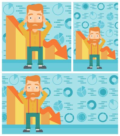 Hipster bankrupt with the beard clutching his head. Bankrupt with a big question mark above head. Concept of business bankruptcy. Vector flat design illustration. Square, horizontal, vertical layouts.のイラスト素材