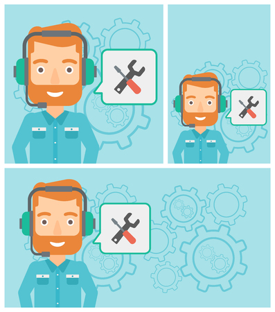 Operator of technical support wearing headphone set. Technical support operator and speech square with screwdriver and wrench. Vector flat design illustration. Square, horizontal, vertical layouts.のイラスト素材