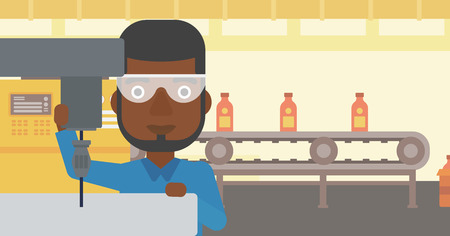An african-american man working on a milling machine at workshop. Man using milling machine at factory. Man making a hole using a milling machine. Vector flat design illustration. Horizontal layout.のイラスト素材