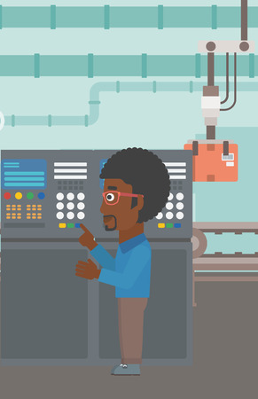 An african-american man working on control panel. Man pressing button at control panel in plant. Engineer standing in front of the control panel. Vector flat design illustration. Vertical layout.のイラスト素材