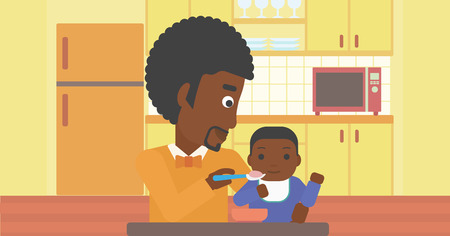 An african-american father feeding baby at home. Young father teaching baby to eat with spoon. Father spoon-feeding her baby at kitchen. Vector flat design illustration. Horizontal layout.のイラスト素材