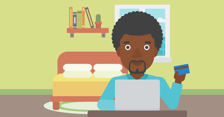 An african-american man holding a credit card and using laptop for online shopping. Young man shopping online at home. Man making online payment. Vector flat design illustration. Horizontal layout.のイラスト素材