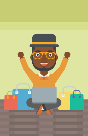 An african-american man with hands up using laptop for shopping online. Customer sitting with shopping bags around him. Man doing online shopping. Vector flat design illustration. Vertical layout.のイラスト素材