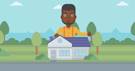 An african-american man standing behind the house and showing thumb up. Real estate agent offering the house. Young man giving thumbs up. Vector flat design illustration. Horizontal layout.のイラスト素材
