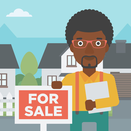 An african-american real estate agent offering the house. Male broker with placard for sale and documents in hands standing in front of the house. Vector flat design illustration. Square layout.のイラスト素材