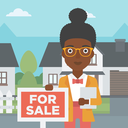 An african-american real estate agent offering the house. Female broker with placard for sale and documents in hands standing in front of the house. Vector flat design illustration. Square layout.のイラスト素材