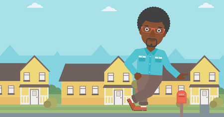 An african-american real estate agent standing near the house. Real estate agent leaning on the house. Real estate agent offering house. Vector flat design illustration. Horizontal layout.のイラスト素材