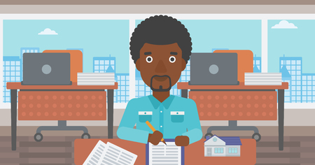An african-american male real estate agent signing a contract. Real estate agent sitting at workplace in office with a house model on the table. Vector flat design illustration. Horizontal layout.のイラスト素材