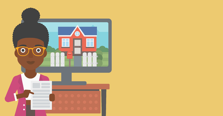 An african-american young woman standing in front of tv screen with house photo on it and pointing at a real estate contract. Vector flat design illustration. Horizontal layout.のイラスト素材