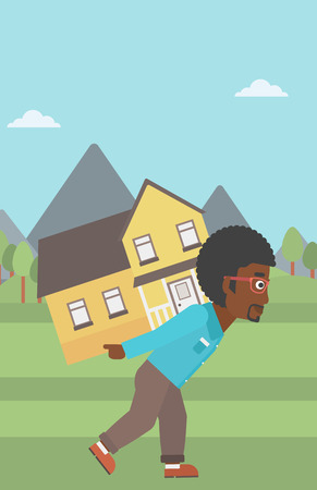 An african-american man carrying a big house on his back on the background of mountains. Vector flat design illustration. Vertical layout.のイラスト素材