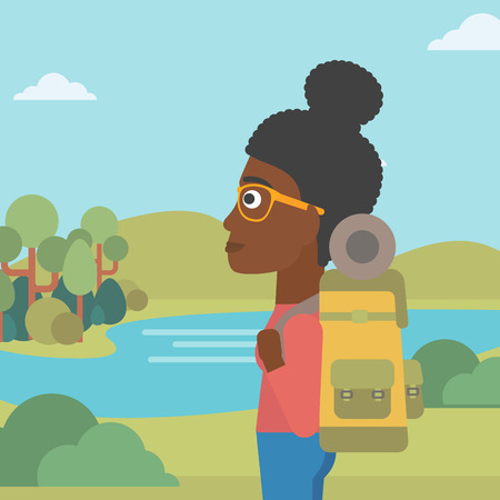 An african-american woman with backpack enjoying the view of landscape with mountains and lake. Vector flat design illustration. Square layout.のイラスト素材