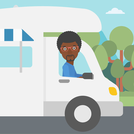 An african-american man driving a motor home in the forest. Man travelling by camper van. Vector flat design illustration. Square layout.のイラスト素材