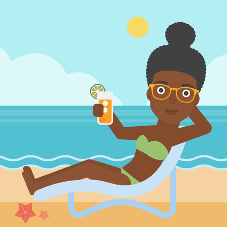 An african-american woman sitting in a chaise longue and holding a cocktail in hand on the background of sand beach with blue sea. Vector flat design illustration. Square layout.のイラスト素材