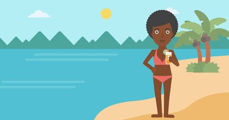 An african-american woman holding an orange cocktail on the beach. Woman drinking a cocktail on the beach. Woman enjoying her vacation. Vector flat design illustration. Horizontal layout.のイラスト素材