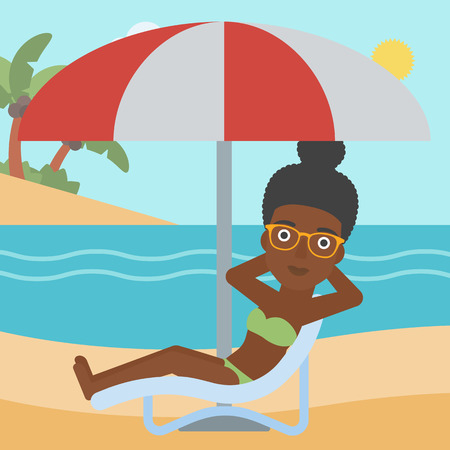 An african-american woman sitting in a chaise longue on the beach. Woman sitting under umbrella on the beach. Woman relaxing on beach chair. Vector flat design illustration. Square layout.のイラスト素材