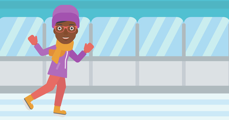 An african-american woman ice skating on indoor ice skating rink. Sport and leisure concept. Vector flat design illustration. Horizontal layout.のイラスト素材