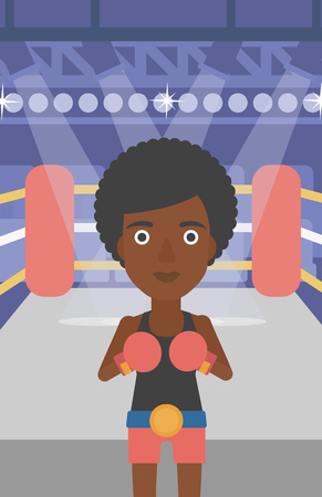 An african-american sportswoman in boxing gloves. Professional female boxer standing in the boxing ring. Vector flat design illustration. Vertical layout.のイラスト素材