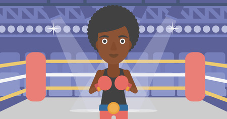 An african-american sportswoman in boxing gloves. Professional female boxer standing in the boxing ring. Vector flat design illustration. Horizontal layout.のイラスト素材