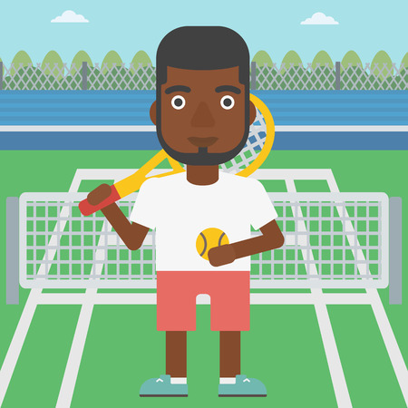 An african-american tennis player standing on the tennis court. Male tennis player holding a tennis racket and a ball. Man playing tennis. Vector flat design illustration. Square layout.のイラスト素材