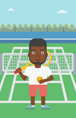 An african-american tennis player standing on the tennis court. Male tennis player holding a tennis racket and a ball. Man playing tennis. Vector flat design illustration. Vertical layout.のイラスト素材