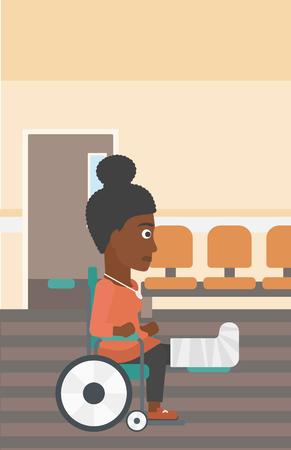 An african-american young injured woman with broken leg in plaster sitting in wheelchair in the hospital corridor. Vector flat design illustration. Vertical layout.のイラスト素材