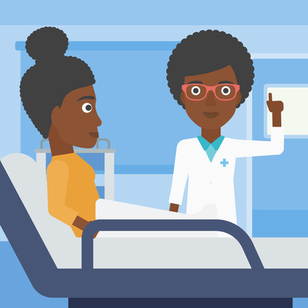 An african-american female doctor visiting female patient and pointing finger up during consultation in hospital room. Vector flat design illustration. Square layout.のイラスト素材