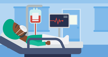 An african-american man in oxygen mask lying in hospital ward with heart rate monitor and equipment for blood transfusion. Vector flat design illustration. Horizontal layout.のイラスト素材