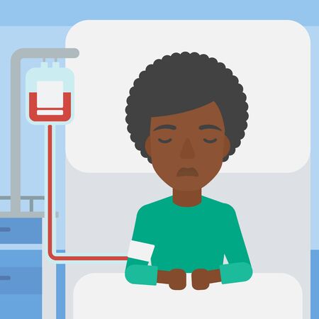 An african-american woman lying in bed at hospital ward with equipment for blood transfusion. Vector flat design illustration. Square layout.のイラスト素材