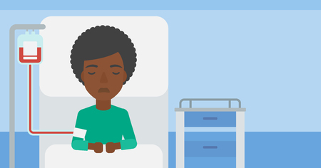 An african-american woman lying in bed at hospital ward with equipment for blood transfusion. Vector flat design illustration. Horizontal layout.のイラスト素材