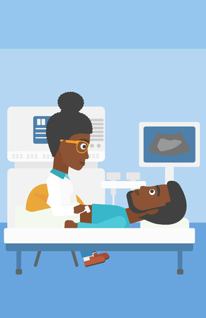 An african-american young female doctor examining internal organs of a male patient on the modern ultrasound equipment at medical office. Vector flat design illustration. Vertical layout.のイラスト素材