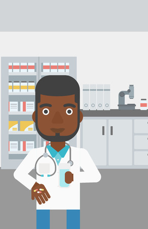 An african-american young pharmacist in medical gown holding in hands a glass of water and pills in the laboratory. Vector flat design illustration. Vertical layout.のイラスト素材