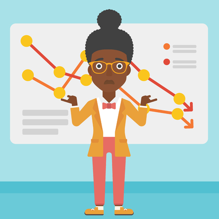 An african-american business woman standing on the background of a board with decreasing chart. Concept of business bankruptcy. Vector flat design illustration. Square layout.のイラスト素材