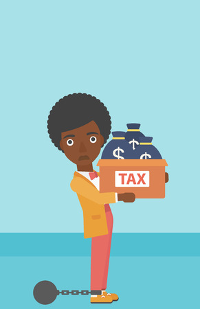 Chained to a large ball an african-american business woman carrying heavy box with bags full of taxes. Vector flat design illustration. Vertical layout.のイラスト素材