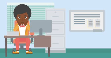 An african-american business woman sitting at workplace in front of computer monitor and clutching her head. Vector flat design illustration. Horizontal layout.のイラスト素材