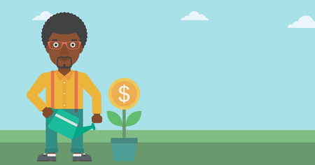 An african-american young businessman watering a money flower. Successful business concept. Vector flat design illustration. Horizontal layout.のイラスト素材