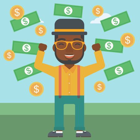 An african-american young businessman with raised hands standing under money rain. Successful business concept. Vector flat design illustration. Square layout.のイラスト素材