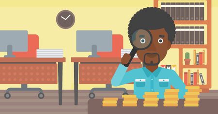 An african-american young businessman sitting in the office and looking at stacks of golden coins through magnifier. Vector flat design illustration. Horizontal layout.のイラスト素材