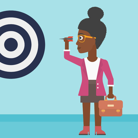 An african-american business woman with a briefcase aiming at a target board. Vector flat design illustration. Square layout.のイラスト素材