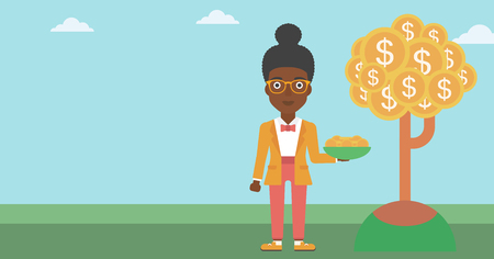 An african-american business woman with basket in hands catching dollar coins from money tree. Successful business concept. Vector flat design illustration. Horizontal layout.のイラスト素材