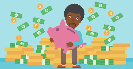 An african-american young businessman holding a big piggy bank in hands under money rain on the background of stacks of gold coins. Vector flat design illustration. Horizontal layout.のイラスト素材