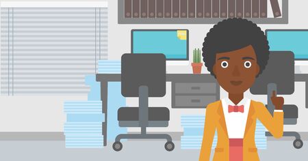 An african-american young business woman standing in the office and pointing up with her forefinger. Business idea concept. Vector flat design illustration. Horizontal layout.のイラスト素材